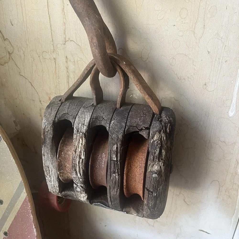 Vintage Industrial Triple Sheave Wooden Pulley
